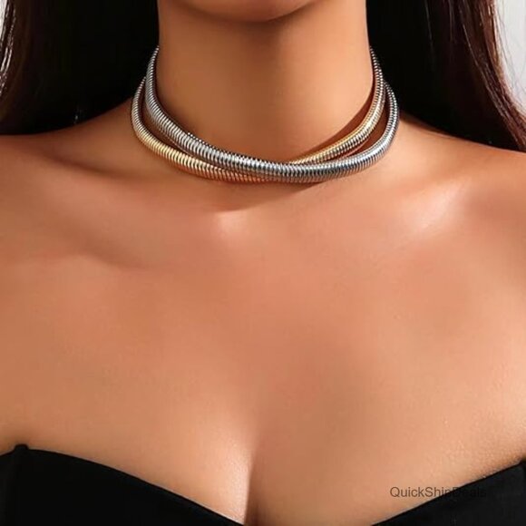 14K Gold Plated Herringbone Chain Choker Necklace, Adjustable Layered - Picture 2 of 5